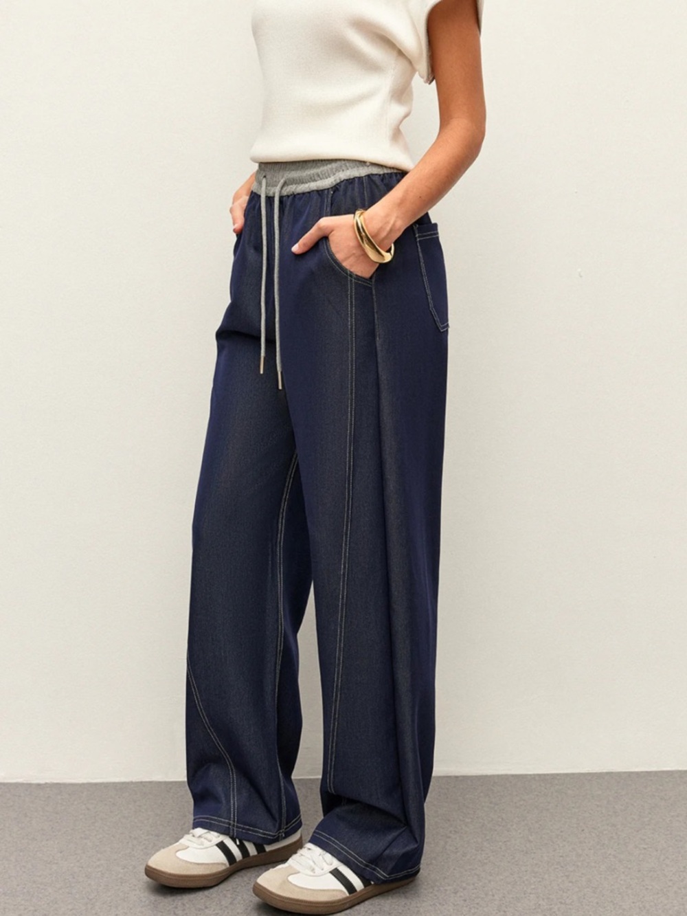 Commense High-Waist Drawstring Denim Pants With Pockets Size Small NWT - Picture 3 of 6